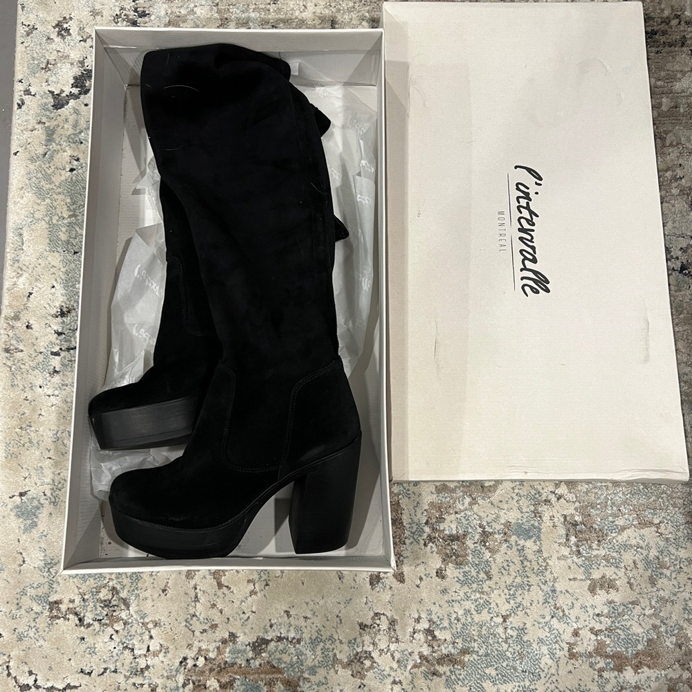 L'INTERVALLE Black Heeled Suede Boots Over the Knee for Women size 39